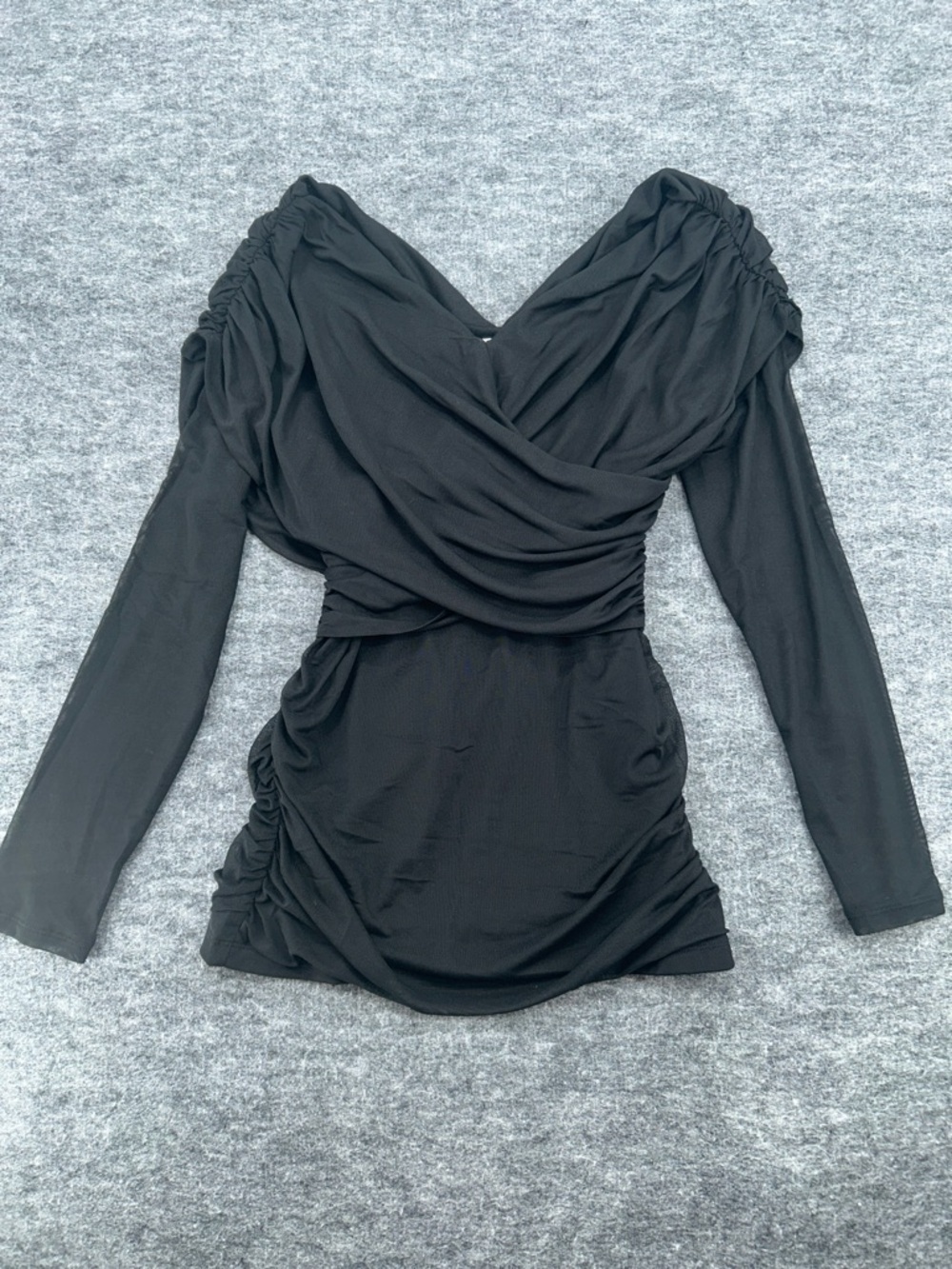 LOFT Black Ruched Off Shoulder Top Long Sleeve Mesh Bodycon Size L